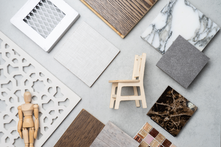 muestras de material, madera , sobre mesa de hormigón.Diseño interior seleccionar material para la idea.